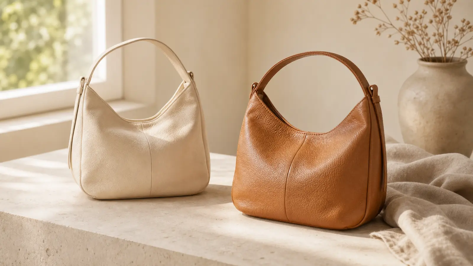 Two soft leather shoulder bags resting on a stone plinth in warm afternoon light