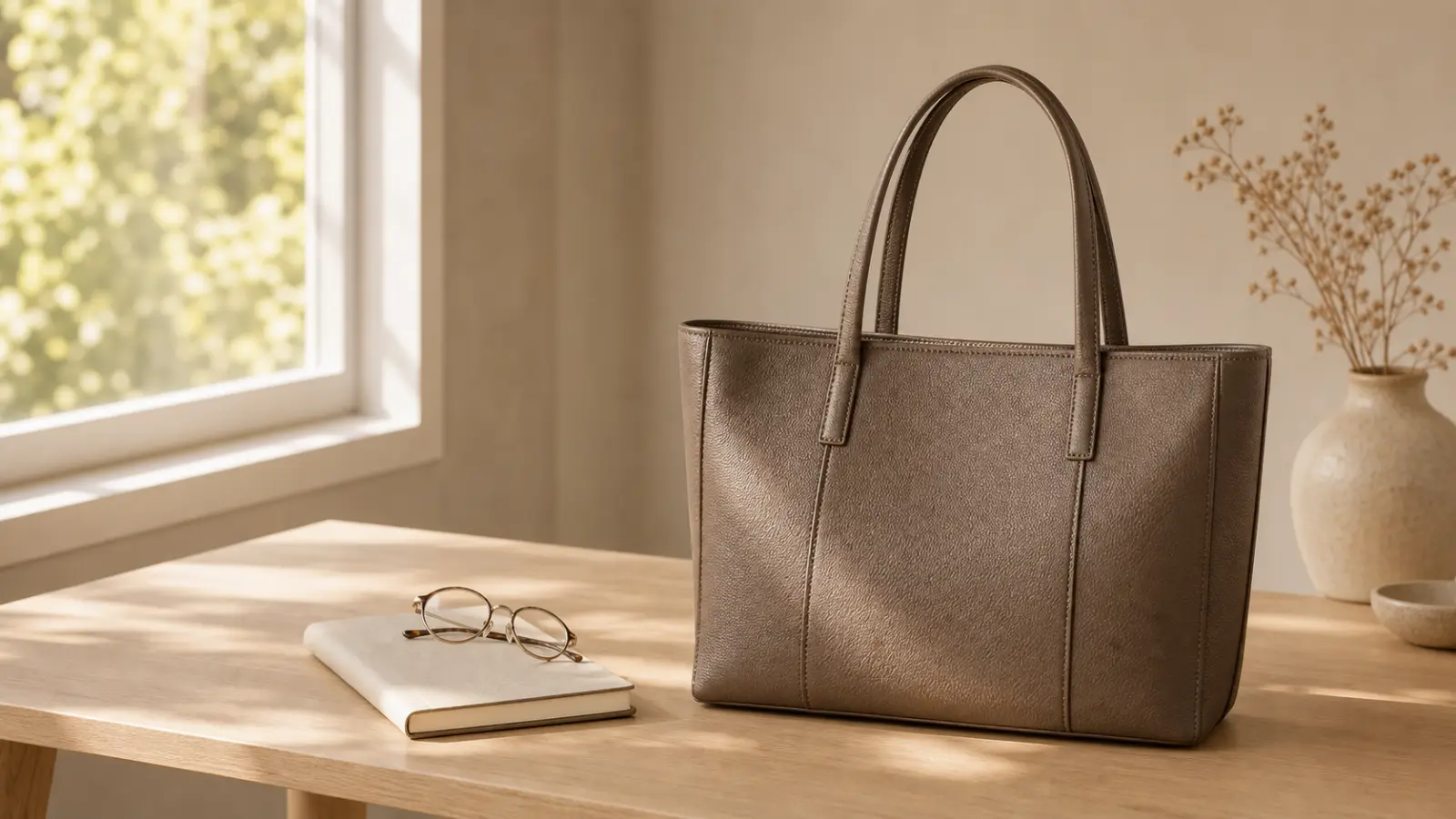 A structured leather work tote on a wooden desk beside a notebook and reading glasses