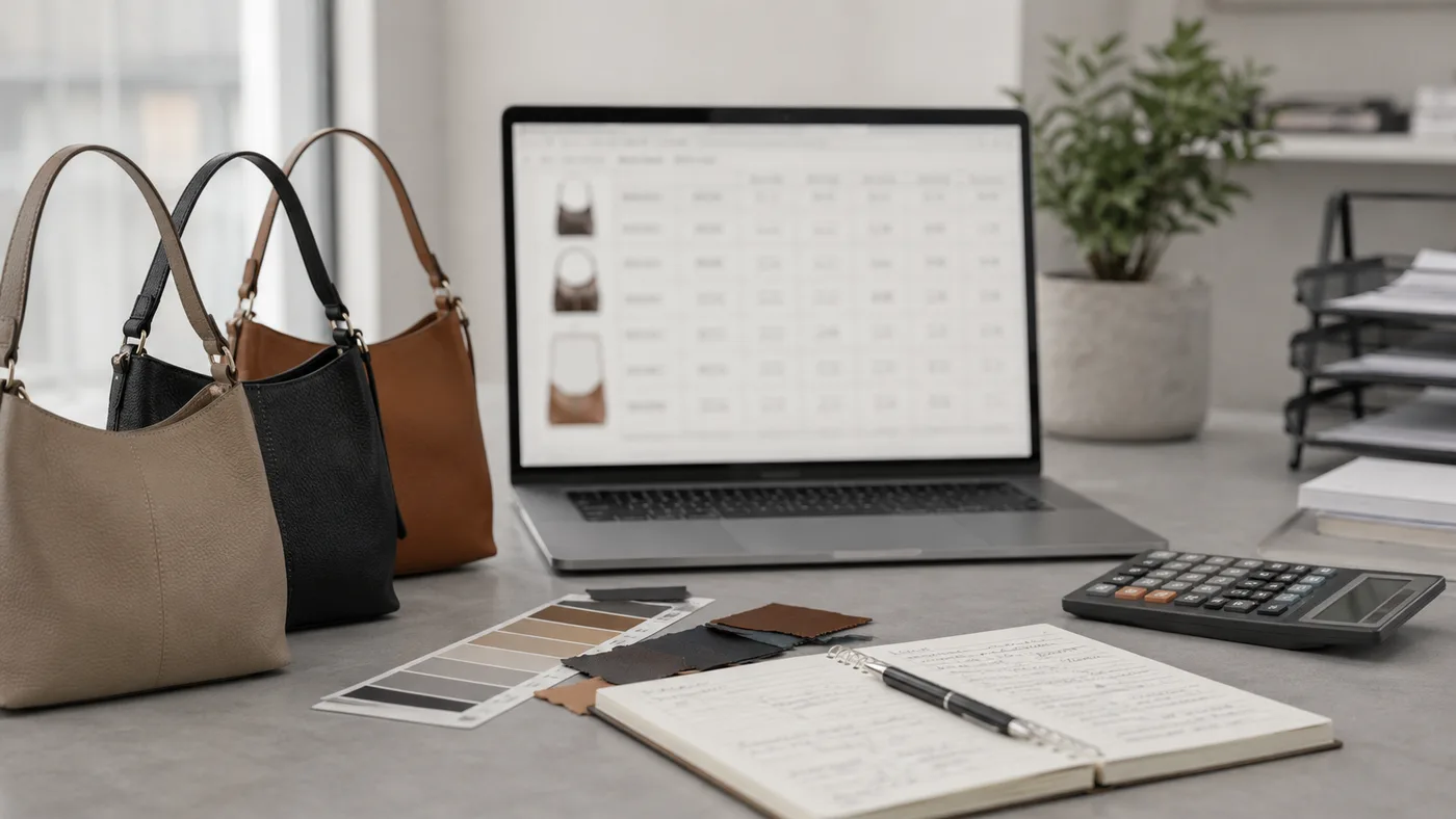 Seller comparison workspace with handbag samples, calculator, and sourcing dashboard
