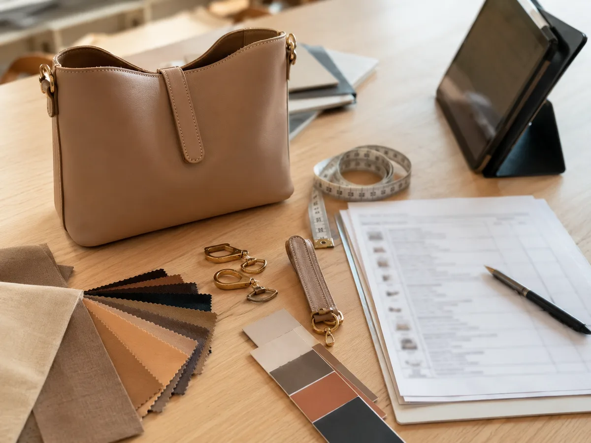 Handbag sourcing brief with material swatches, hardware, measuring tape, and checklist