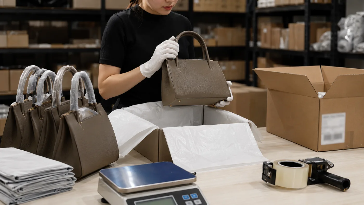 Handbag QC inspection and DDP packing workflow before international shipping