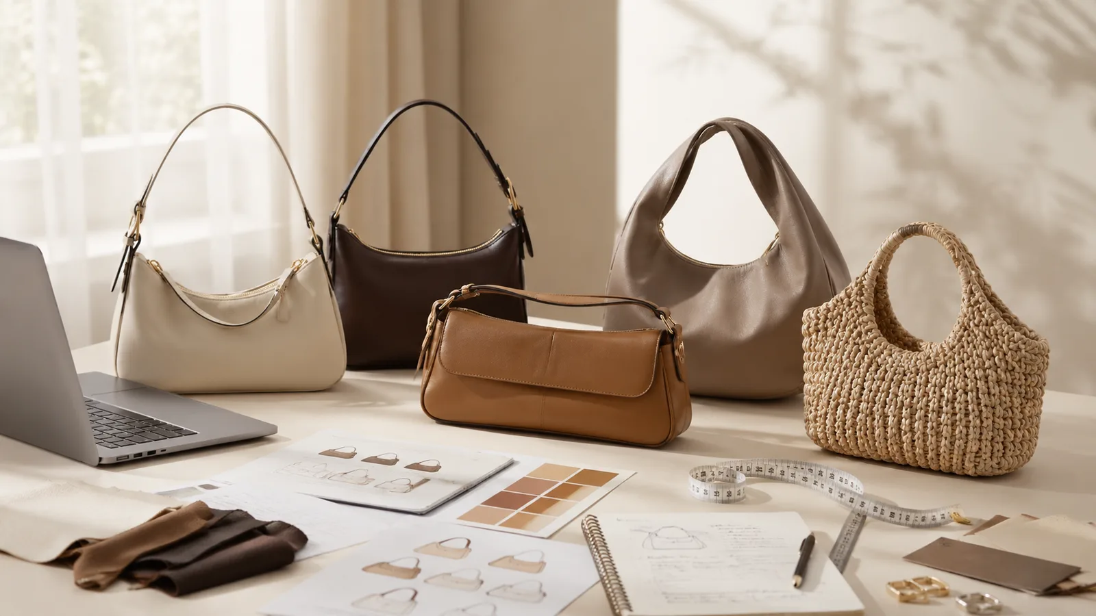 Curated Taobao handbag sourcing desk with trend-led bag samples and material swatches