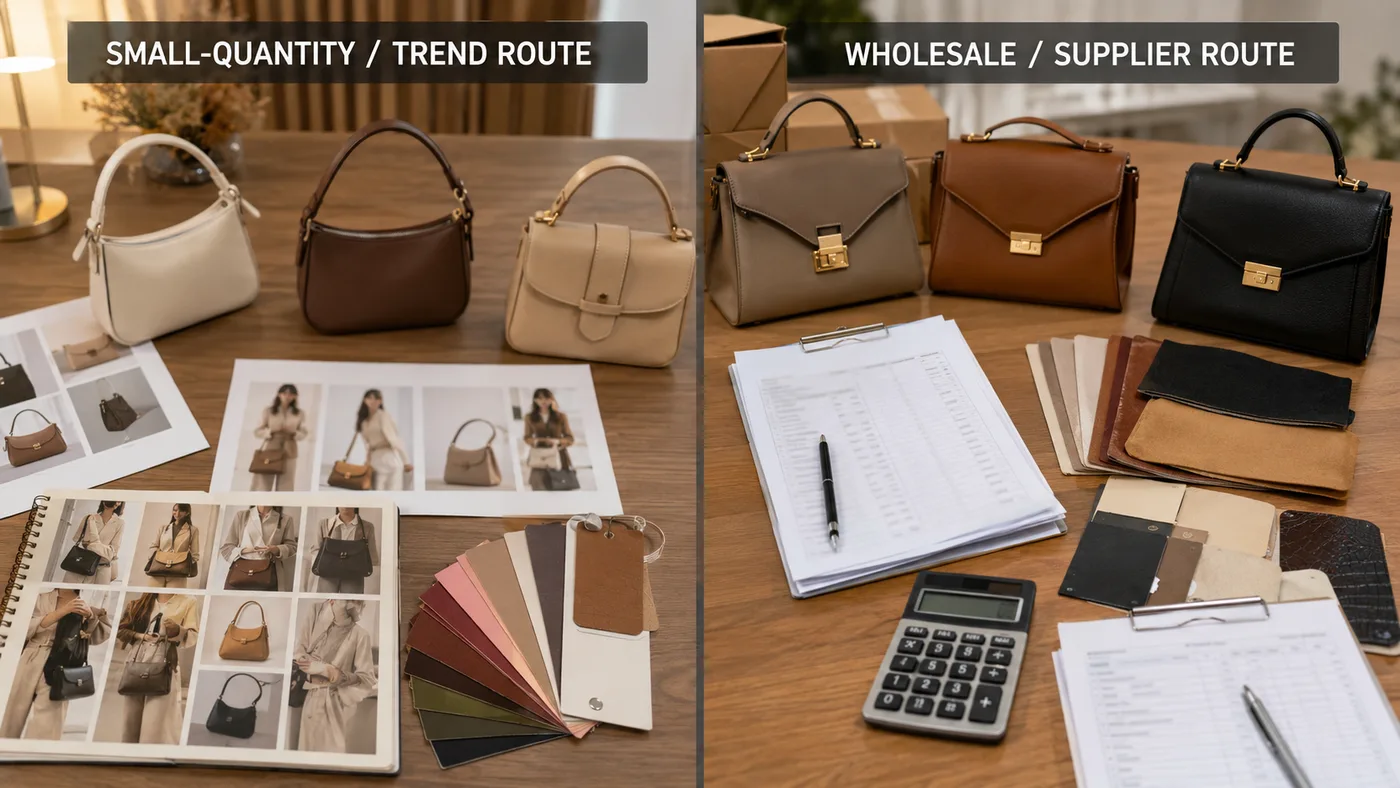 Comparison desk showing small-quantity trend handbag sourcing next to wholesale supplier samples